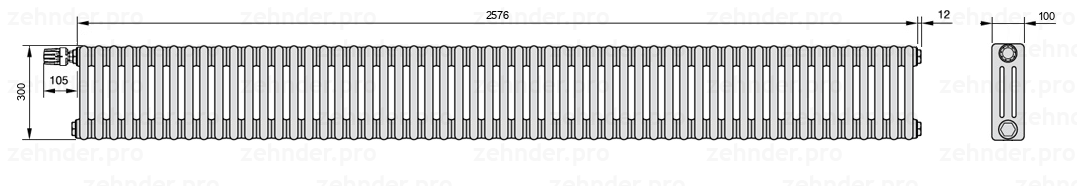 Схема (чертеж) Радиатор Zehnder Charleston 3030/56 №V012 Белый глянцевый RAL 9016